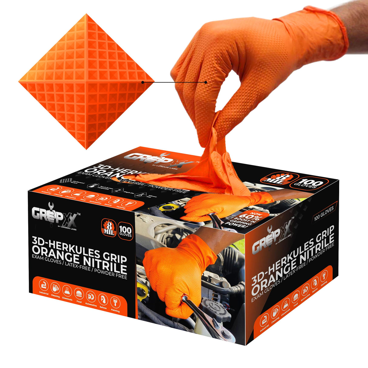 GRIPXX Herkules Grip Heavy Duty 8Mil Orange Nitrile Gloves,3D Raised Diamond Texture-Latex & Powder Free-Industrial, Mechanic (1, Large)