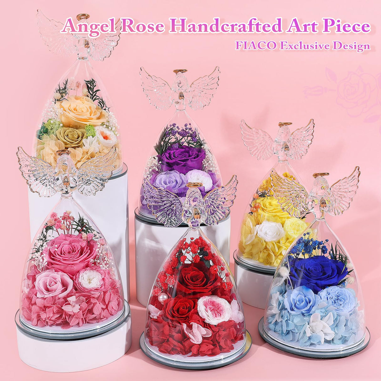FIACO Gifts for Women Mom Preserved Rose Forever Flower in Glass Angel Figurine Fresh Flowers for Delivery Birthday Gifts for Grandma Wife Sister Christmas Anniversary Eternal Purple Roses