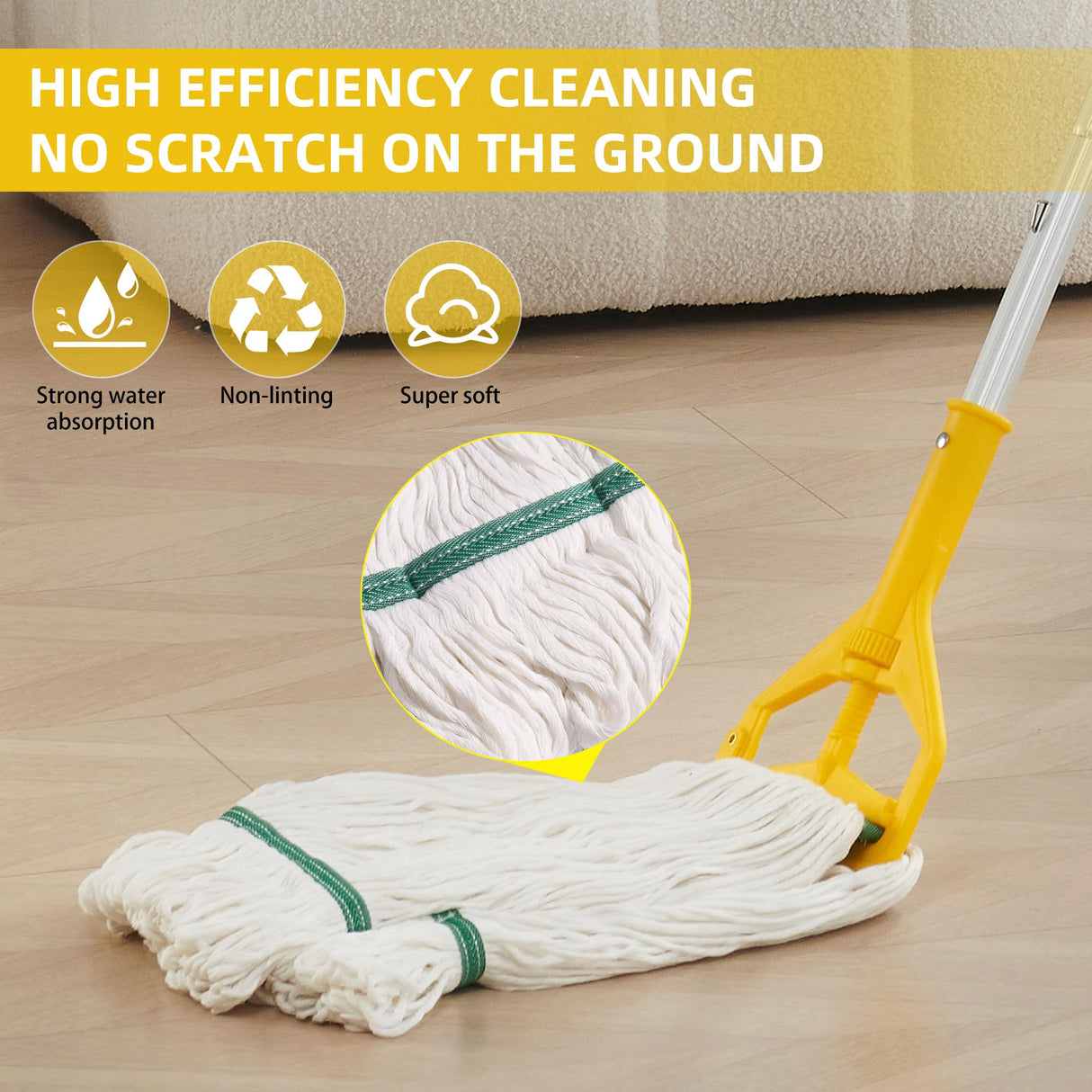 Midoneat Commercial Heavy Duty Industrial Mop with Long Handle,59" Looped-End String Wet Cotton Mops for Floor Cleaning, Including Three mop Head Replacement