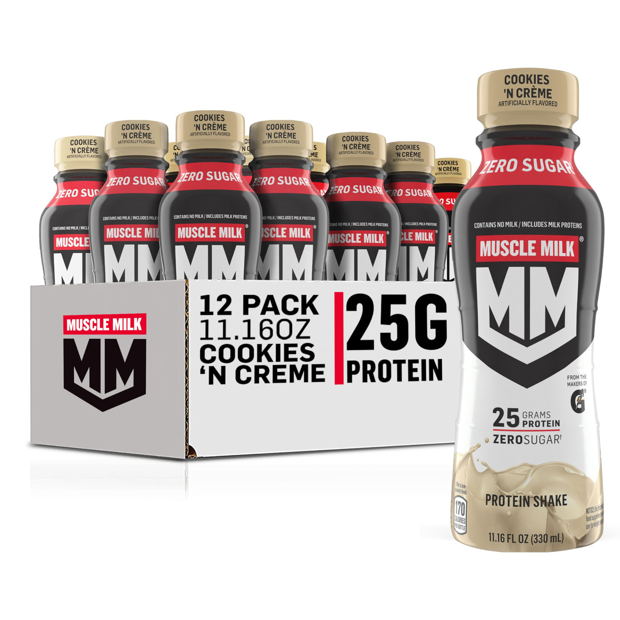 Muscle Milk Genuine Protein Shake, Cookies and Creme, 11.16 Fl Oz Bottle, 12 Pack, 25g Protein, Zero Sugar, Calcium, Vitamins A, C & D, 4g Fiber, Energizing Snack, Workout Recovery, Packaging May Vary