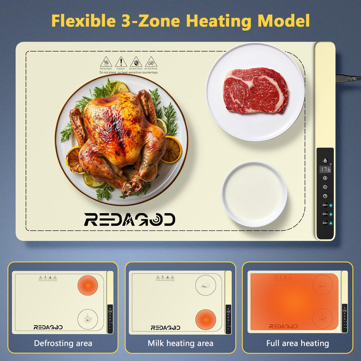 Food Warming Mat with 3-Zone Heating Mode, Redagod Electric Warming Tray with 9 Temperature & 8 Timer Settings, Hook and Roll Up Storage, Portable Countertop Food Heating Mat for Home Daily Use, Beige