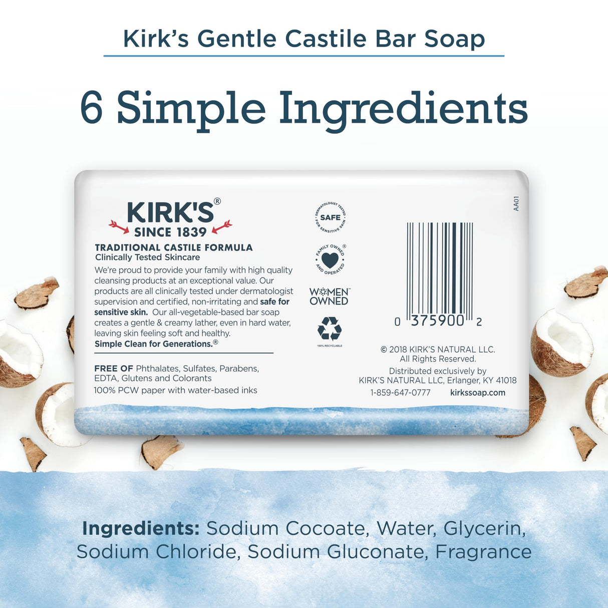 Kirk's Castile Bar Soap for Men, Women & Children - Made with Premium Coconut Oil, Sensitive Skin Formula, Vegan, Non GMO, Original Fresh Scent, 4 oz. Bars, 48 Pack