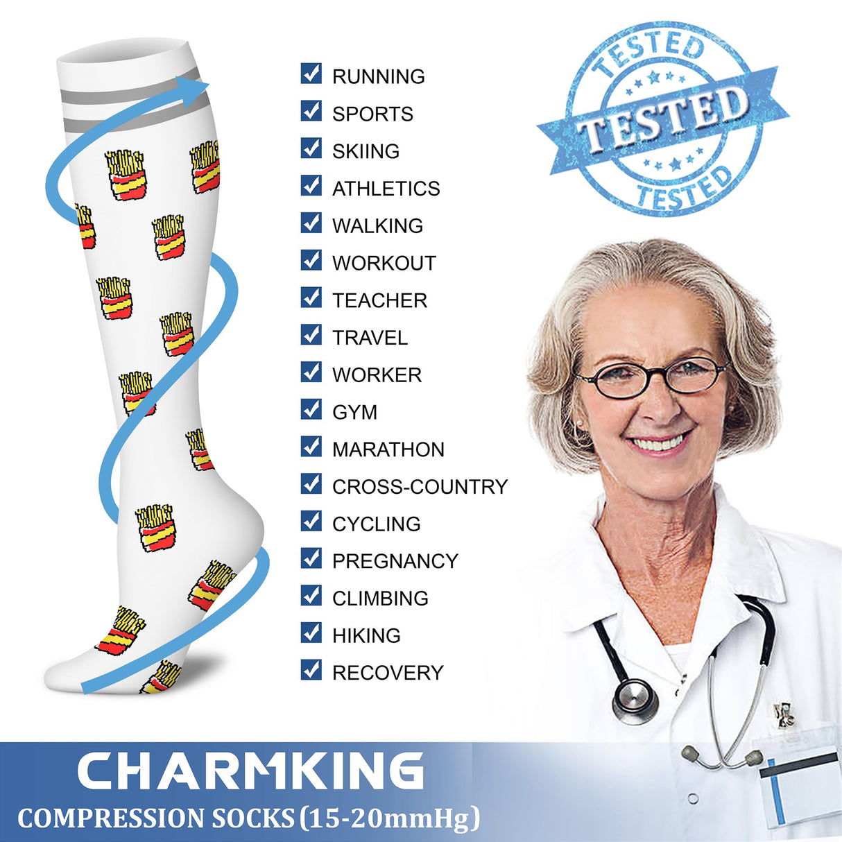CHARMKING Compression Socks for Women & Men (8 Pairs) 15-20 mmHg Graduated Copper Support Socks are Best for Pregnant, Nurses - Boost Performance, Circulation, Knee High & Wide Calf (L/XL, Multi 54)