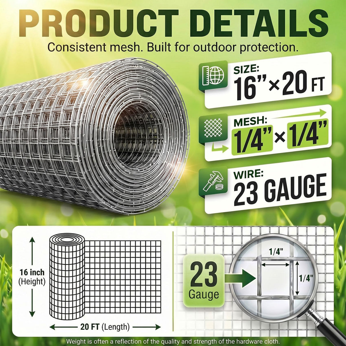 HIHADUUM 16'' x 20' Hardware Cloth 1/4 inch 23 Gauge, Hot-dip Galvanized After Welding, Chicken Coop Wire Fence Wire Mesh Screen, Rabbit/Snake Fences, Netting Wire Cloth Galvanized Wire Mesh Roll