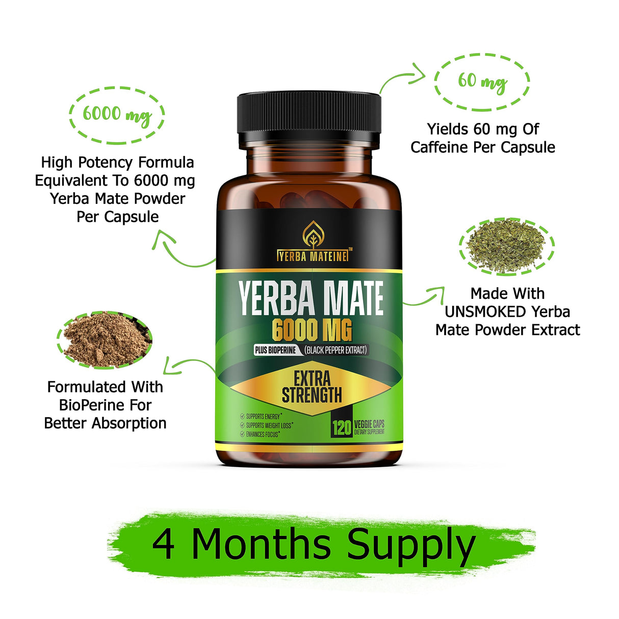 6000mg Extra Strength Yerba Mate High Potency, 60mg Caffeine Per Capsule, Extract Pills Supplements for Clean Natural Energy, Improved Focus, Concentration, Nootropics, Made in USA - 120 Caps