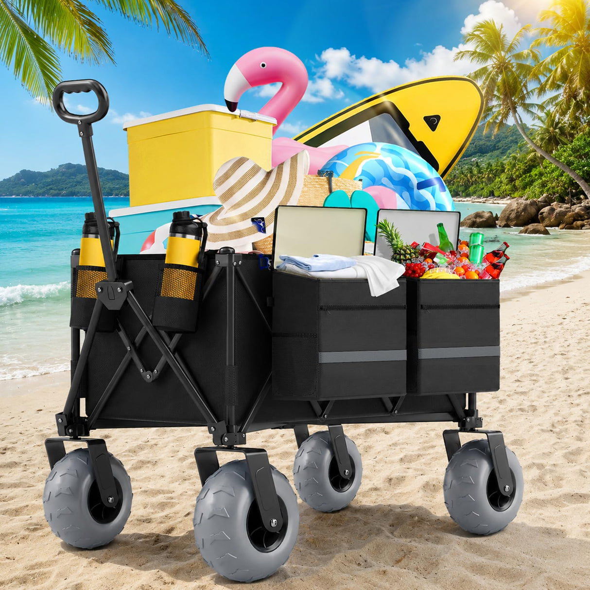 Beach Wagon with Big Wheels for Sand, 350lbs Heavy Duty Folding Wagon, Oversized 180L, 9" PVC All-Terrain Wheels, Adjustable Handle, Cooler & Storage Bags for Beach, Camping & Outdoor Sports (Black)