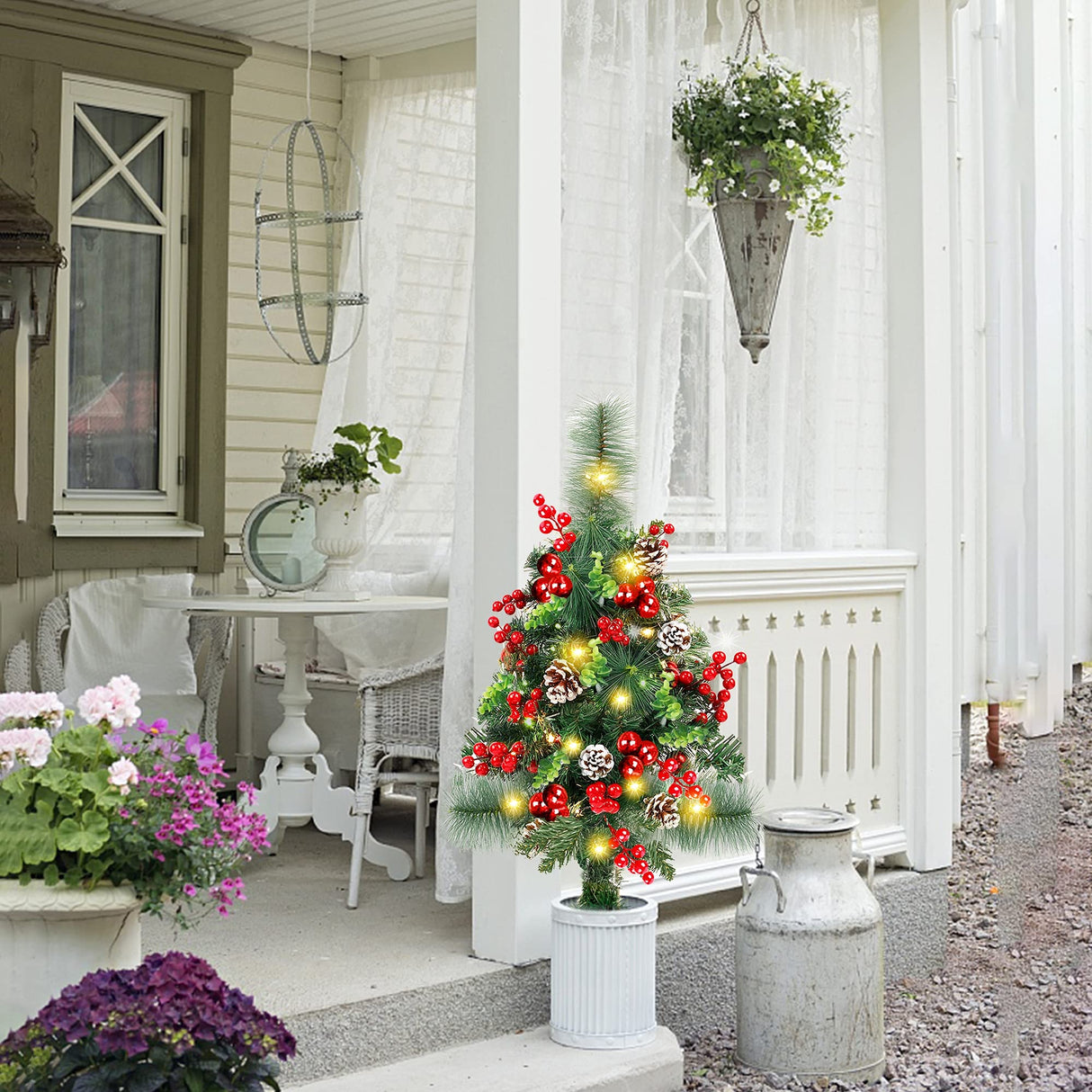 GUOOU Set of 2 Pathway Christmas Tree Urn Filler, Lighted Artificial Mini Xmas Trees with Lights, Outdoor Christmas Decorations for Porch, Driveway, Yard (5 Pine Cones)