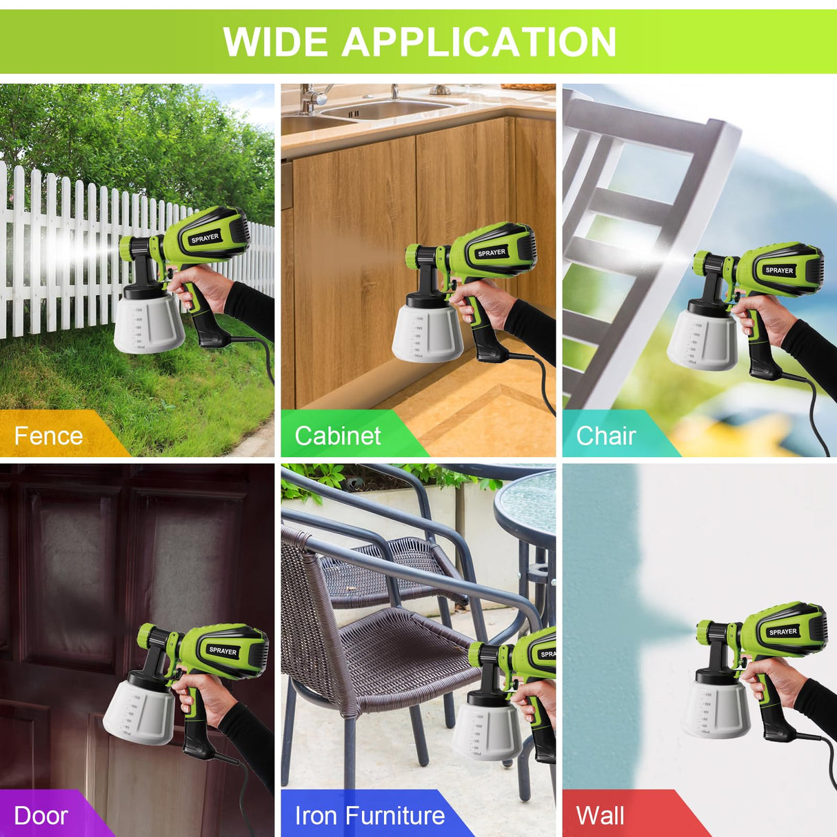 VONFORN Paint Sprayer, HVLP Spray Gun with Cleaning & Blowing Joints, 4 Nozzles and 3 Patterns, Easy to Clean, for Furniture, Cabinets, Fence, Walls, Door, Garden Chairs etc. VF803 VF803 Dark Green