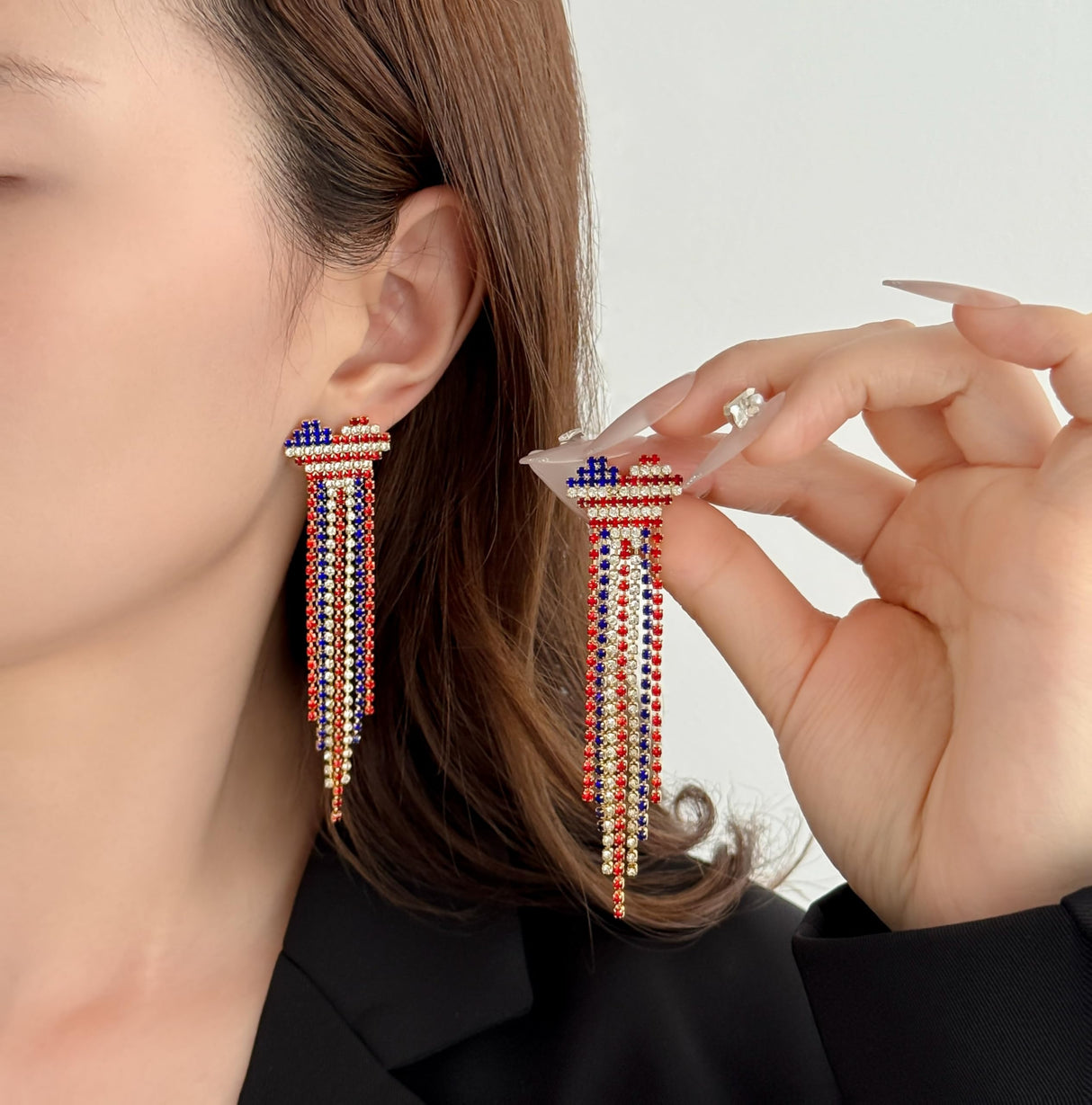 Tasunom American Flag Dangle Earrings for Women, Patriotic 4th of July Earrings, 14K Gold Plated CZ Crystal USA Flag Drop Earrings with S925 Post