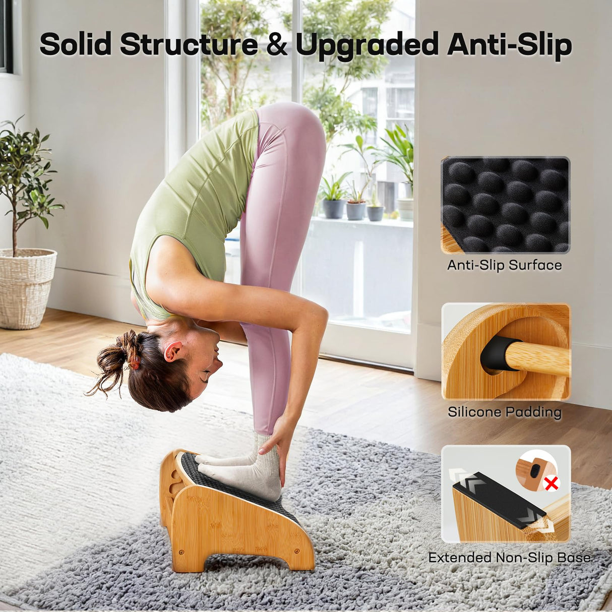 HUANUO Bamboo Under Desk Footrest, Ergonomic Foot Rest with 4 Height Options & Adjustable Angles, Pebble Massage Surface, Non-Slip Foot Rest for Under Desk at Work for Improved Posture, Home & Office