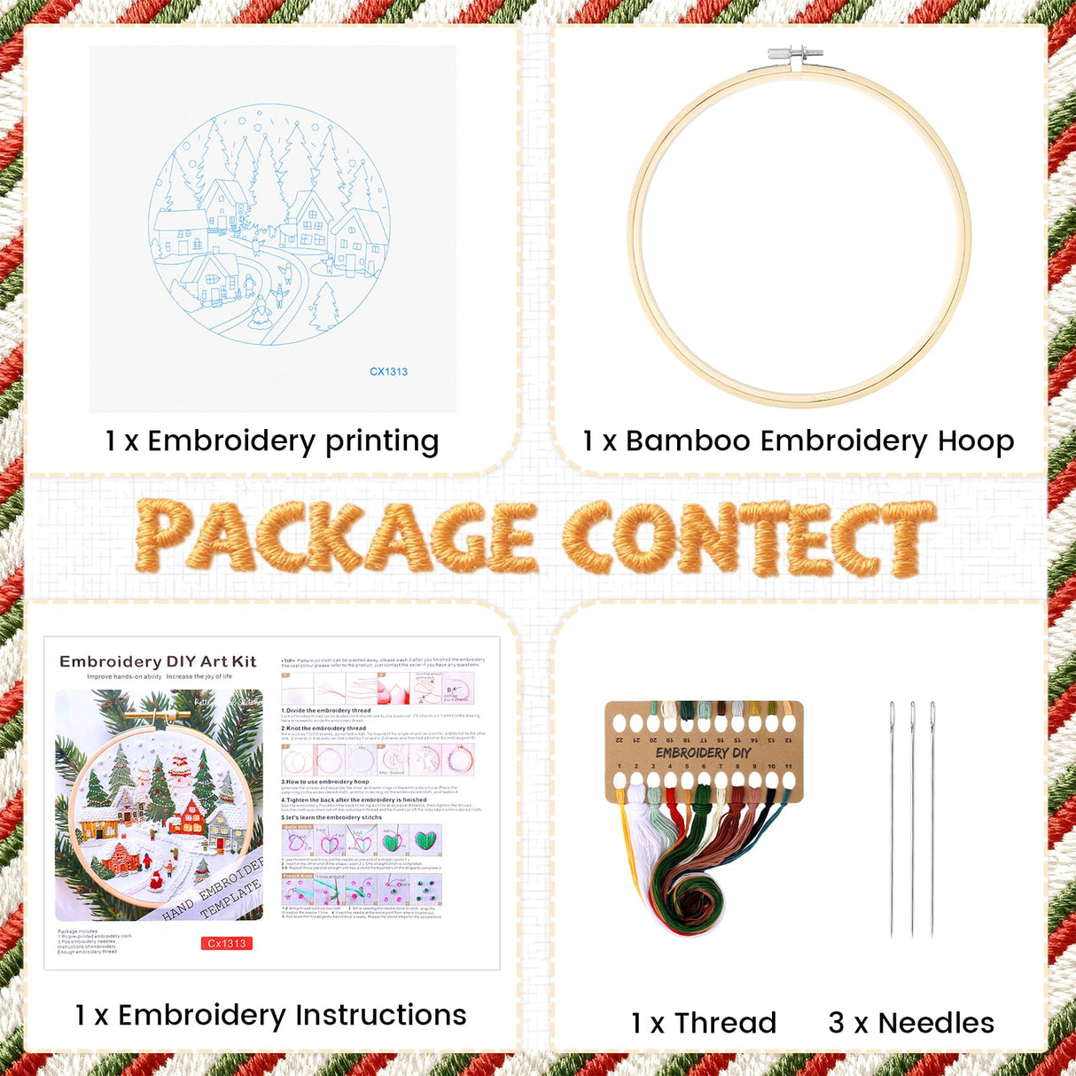 Christmas Embroidery Kit for Adults & Beginners - Gnomes & Cross Stitch Patterns, Cotton, Threads, Needles & Instructions (4 Pcs)