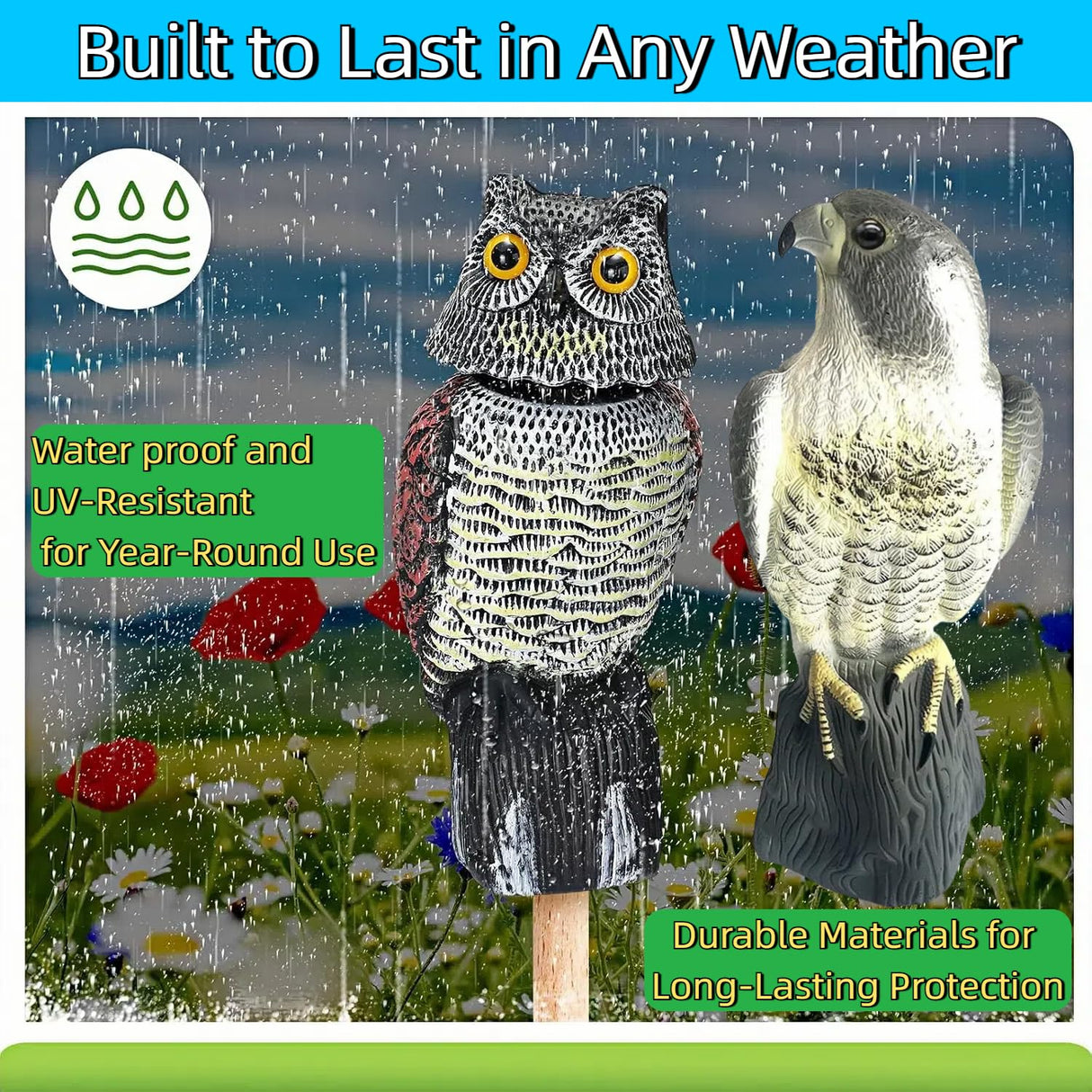 YAOSAN Hawk Decoy to Scare Birds Away - Owl & Hawk Garden Decoy Combo, 2X Protection Wind-Activated Bird Deterrent for Farms & Yards, 50% Larger Size (15")