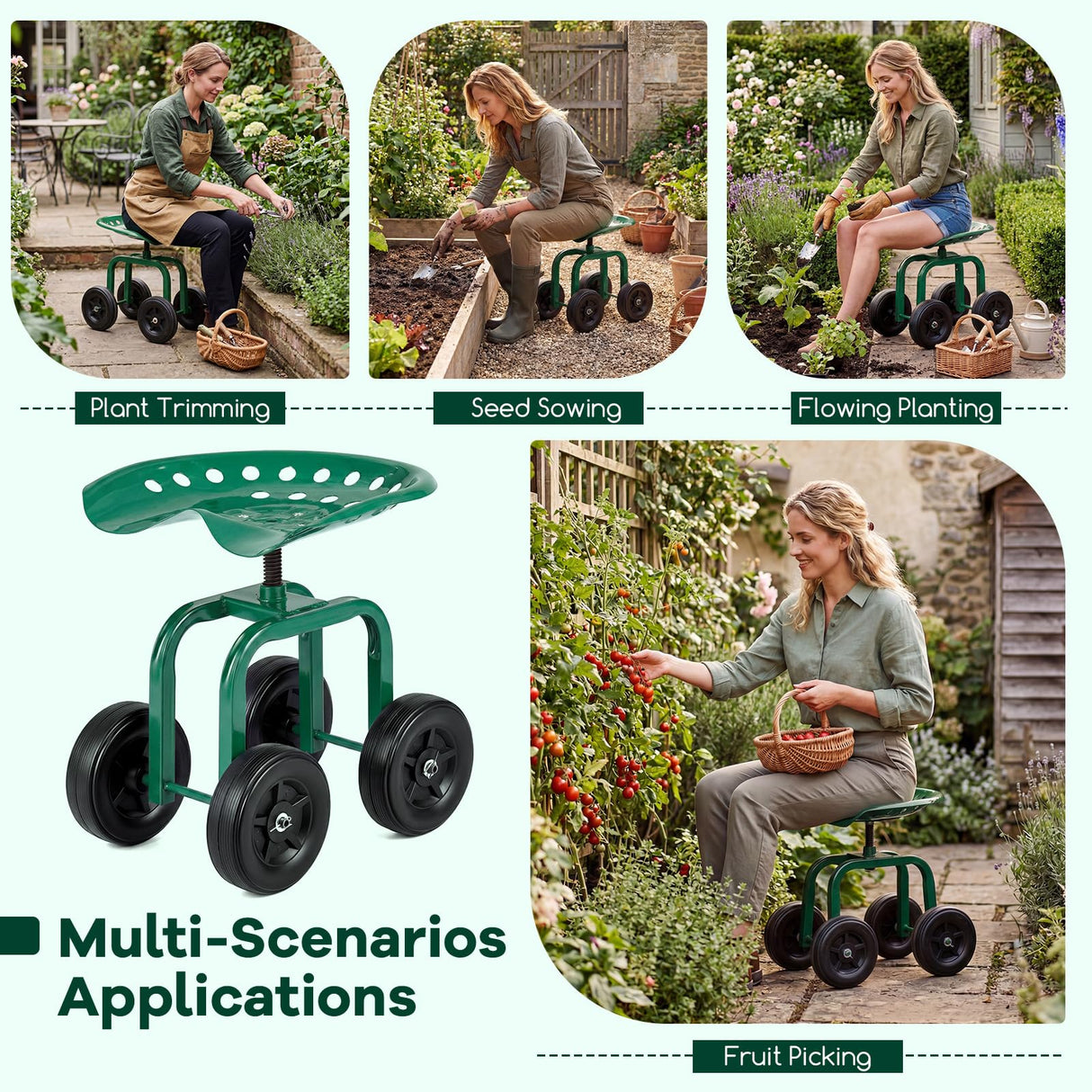 Goplus Garden Cart with Wheels, Utility Stool Cart w/Adjustable 360 Degree Swivel Seat, Outdoor Lawn Yard Rolling Work Seat, Garden Scooter for Planting (Green)