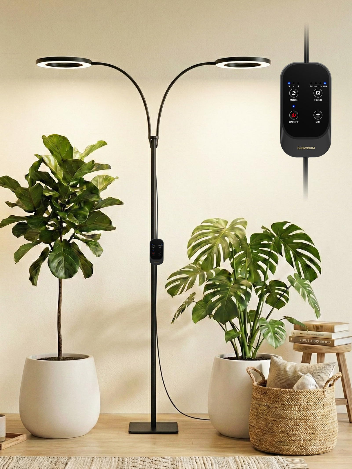 GLOWRIUM 48W LED Dual-Head Grow Light for Indoor Plants, 23.5-71" Adjustable Height, 3-Growing Full Spectrum for Tall Plant Light, 3/9/12/16H Timer, 6-Level Dimming, Ideal for Large Tall Plants