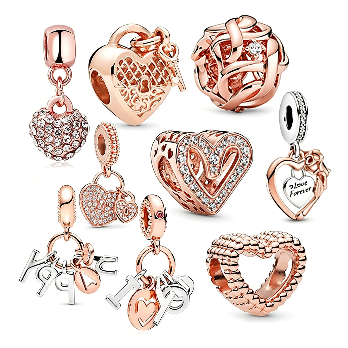 MITSOKU 9Pcs Silver Rose Gold Charms Set Compatible with Pandora Bracelets - Fashion Dangle Beads for Women, Birthday/Travel/Family Theme Jewelry Gifts