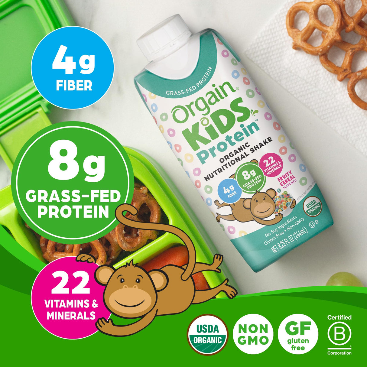 Orgain Organic Kids Nutritional Protein Shake, Fruity Cereal - Kids Snacks with 8g Dairy Protein, 22 Vitamins & Minerals, Fruits & Vegetables, Gluten Free, Soy Free, Non-GMO, 8.25 Fl Oz (Pack of 12)