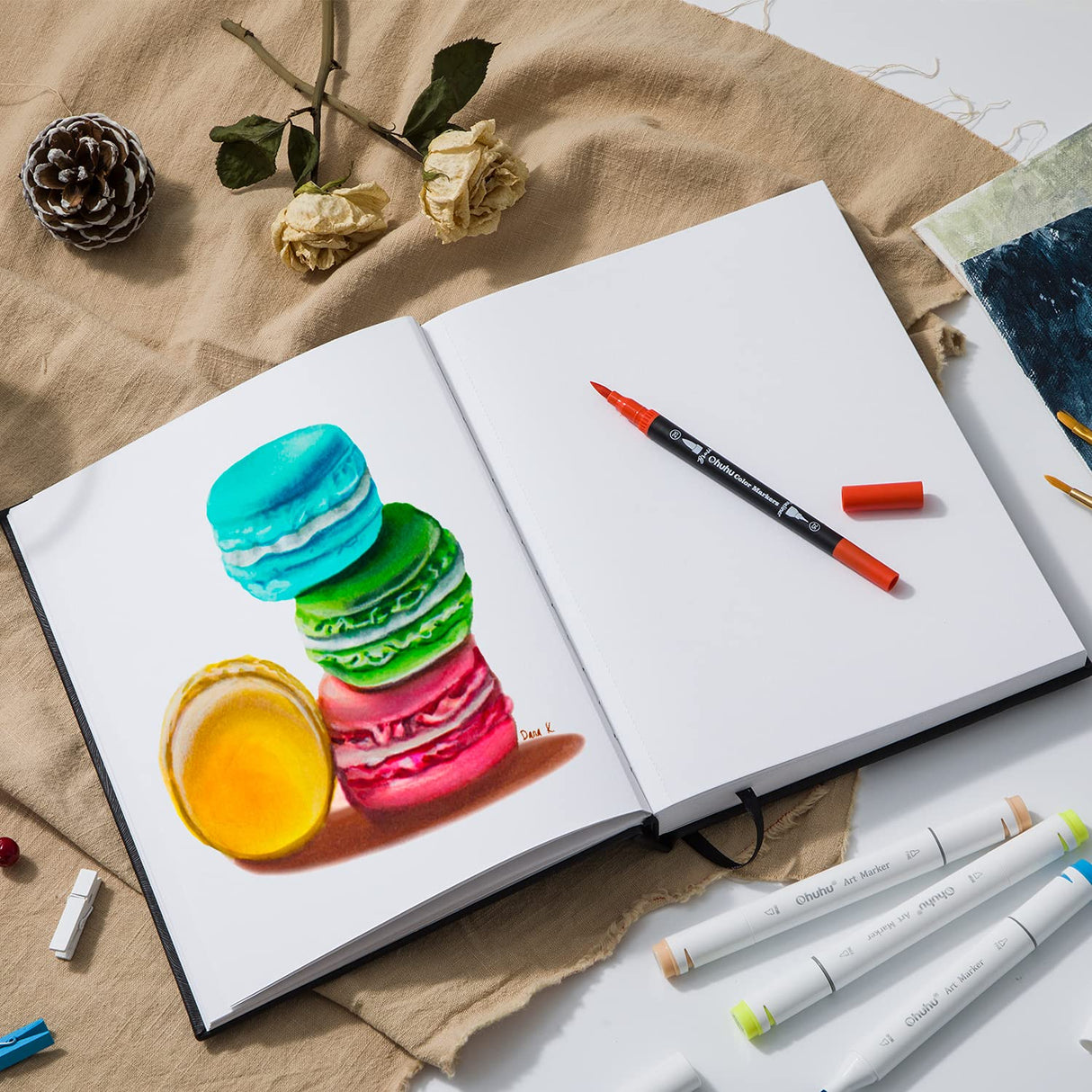 Ohuhu Mix Media Pad - 10"x7.4" Mixed Media Art Sketchbook, 120 lb/200 gsm Heavyweight Papers, 78 Sheets/156 Pages, PU Hardcover Mixed Media Paper Pad for Acrylic Painting Christmas Gift