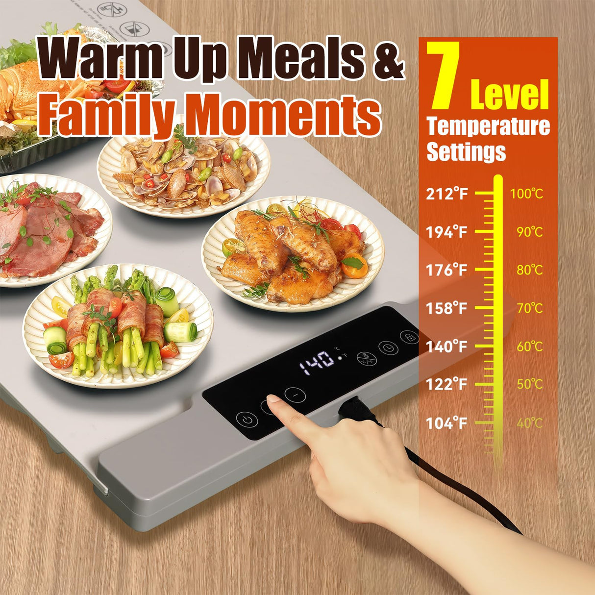 Warming Mat for Food Extra Large 35.4”x13.4” 7 Temperature Settings Silicone Food Warming Mat Roll up Food Warmer with Full Surface Heating Warming Pad Electric Warming Tray for Buffets Party Home