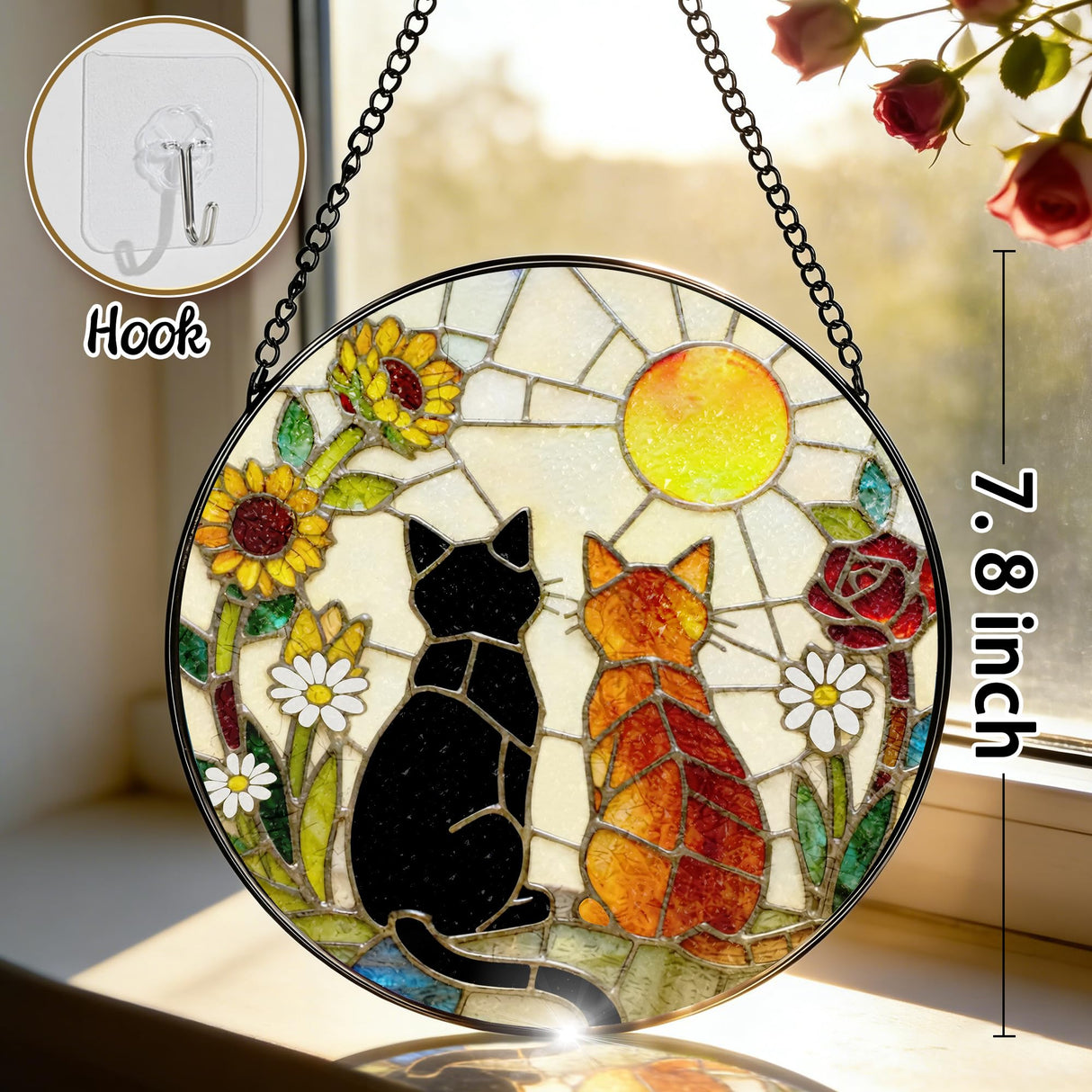 Stained Glass Window Hanging, 7.8" Charming Cat Couple Garden Suncatcher, Sun Catchers Indoor Window Ornament, Suncatchers for Windows, Doors & Home Decor, Gifts for Women, Men, Cat Lover & Pet Lover