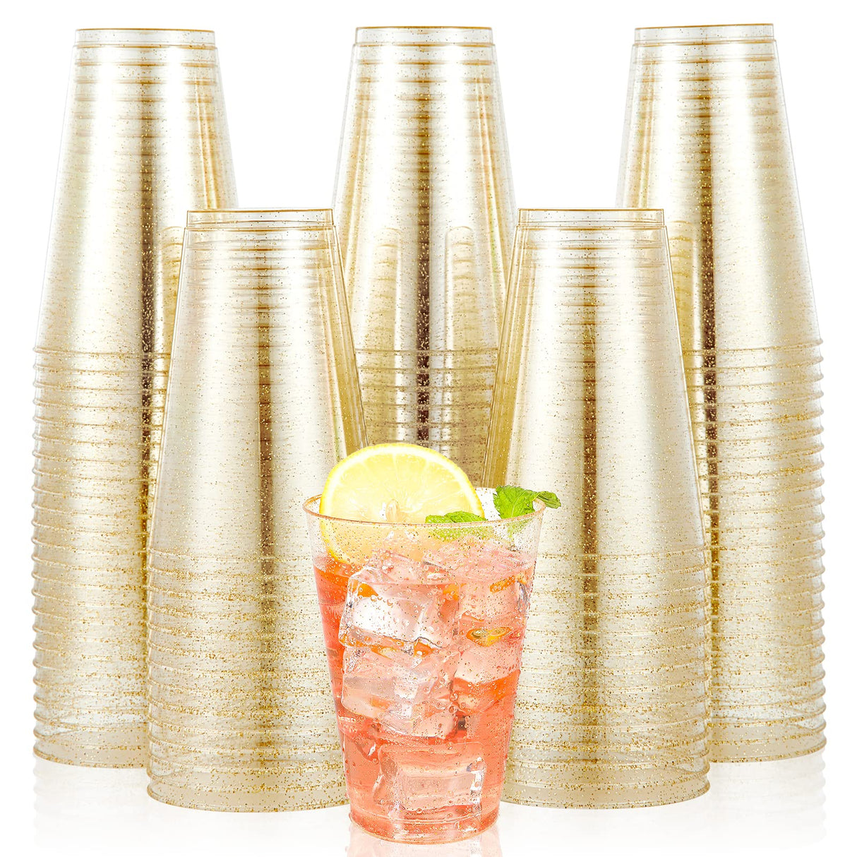 JOLLY CHEF 100 Pack 14 oz Gold Plastic Cups, Disposable Gold Glitter Plastic Cups, Clear Plastic Cups Tumblers, Wedding Cups Party Cups,Ideal for Halloween,Thanksgiving,Christmas