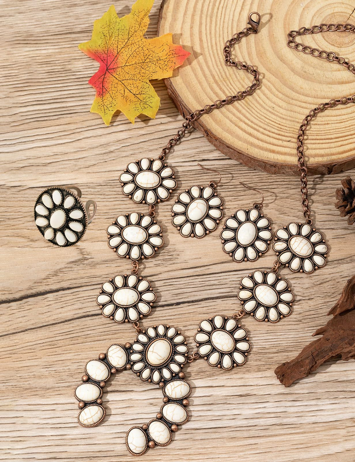 TOPACC 3 Pcs White Turquoise Jewelry for Women Western Necklace Cowgirl Earrings Boho Ring Indian Jewelry Set for Country Concert Outfit