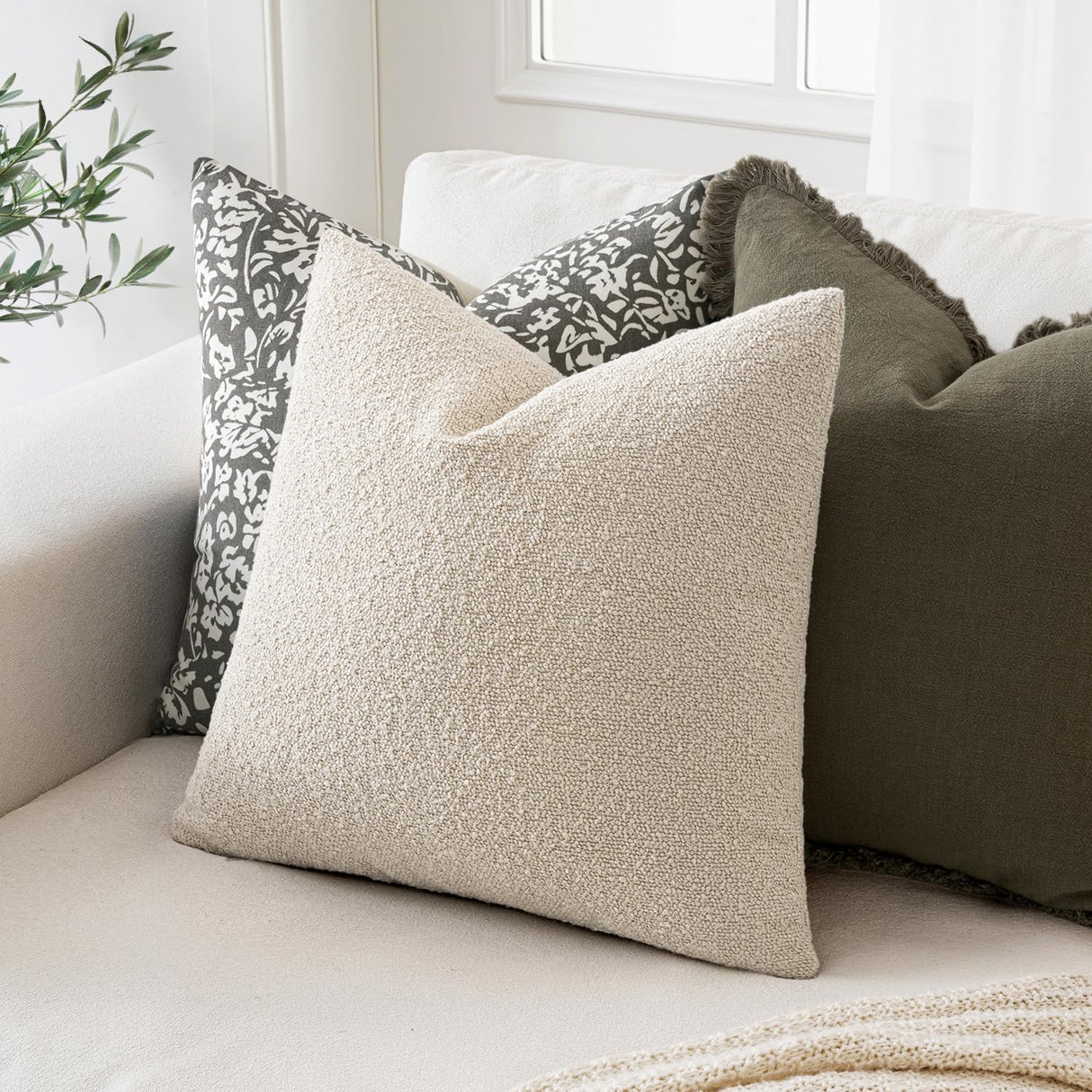 MIULEE 20x20 Inch Christmas Decorative Pillow Covers for Couch Bed Set of 2 Textured Boucle Neutral Winter Throw Pillows Natural Beige Accent Solid Cushion Pillowcases Sofa Livingroom Home Decor