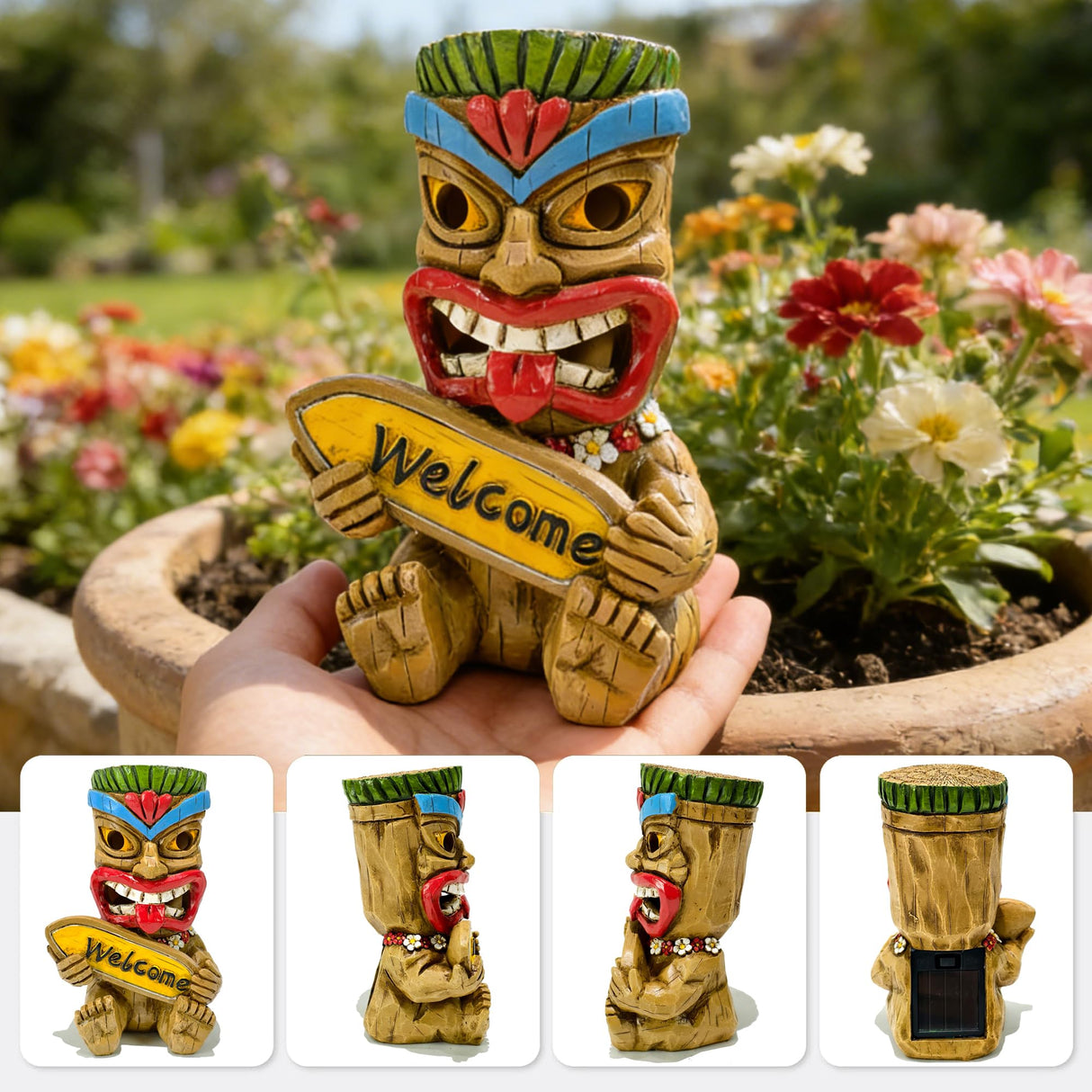 Suyorpe Miniature Tiki Garden Statue Solar Outdoor Decorations - Tiki Bar Welcome Sign Lights for Patio Yard Lawn Ornaments Gifts for Birthday Housewarming Summer 3.2''(W) x 3.4''(D) x 5.9''(H)