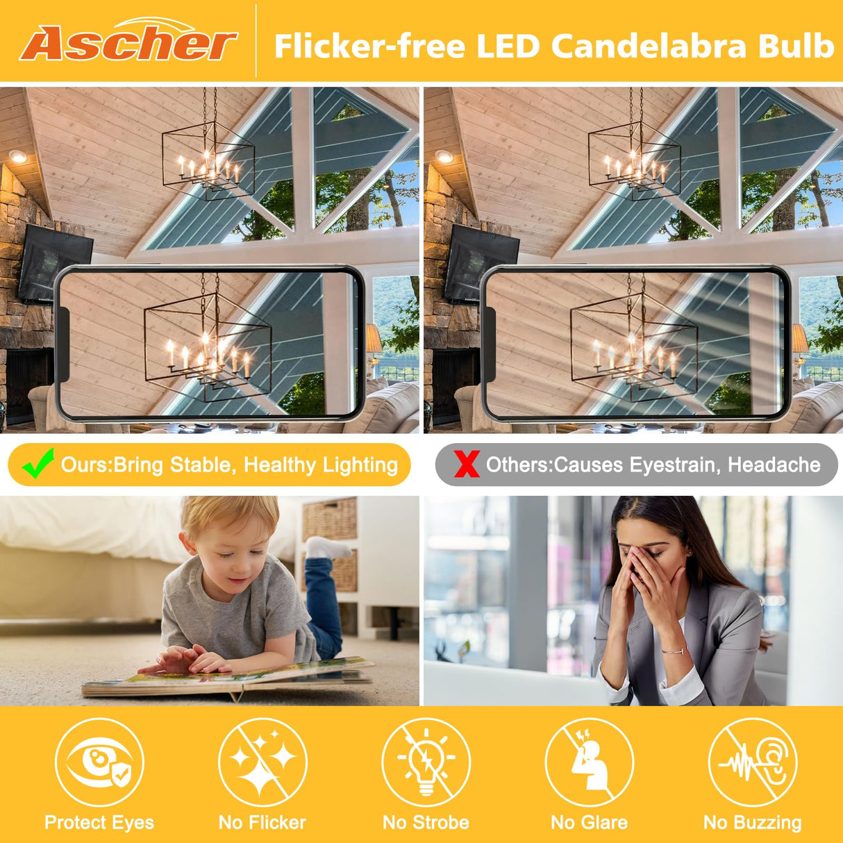 Ascher Classic E12 LED Candelabra Light Bulb 4W, Equivalent 40W, Warm White 2700K, Non-Dimmable, Clear Glass Filament Chandelier LED Bulbs, E12 Candelabra Base Candle Light Bulbs, Pack of 10