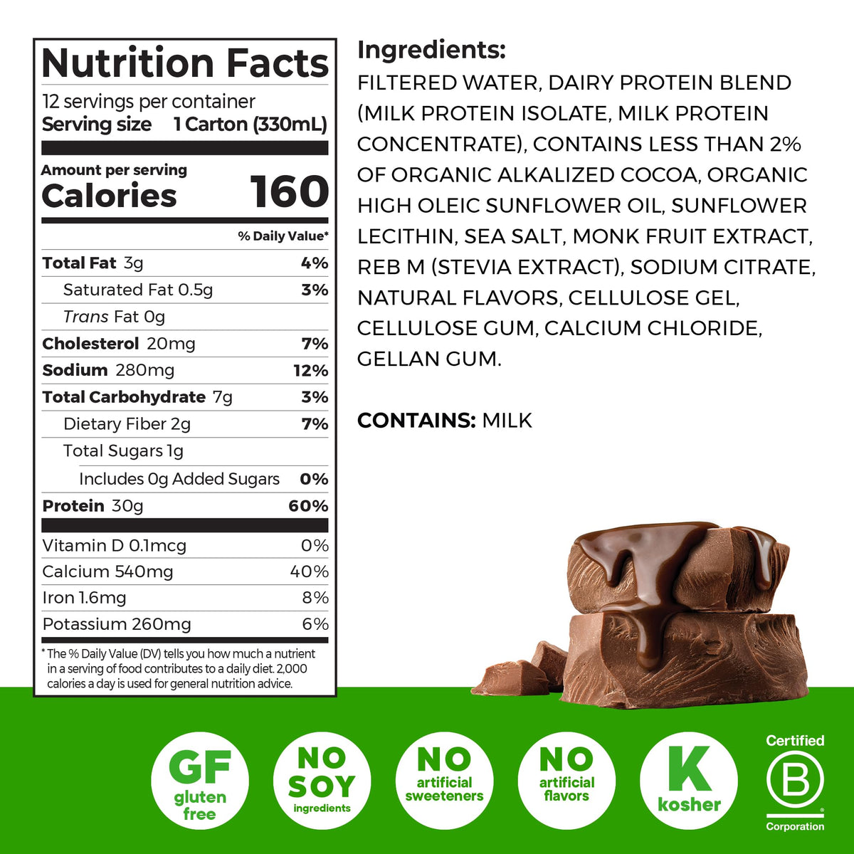 Orgain 30g High Protein Dairy Shake, 5g BCAAs, Chocolate, 11 oz, 12pk