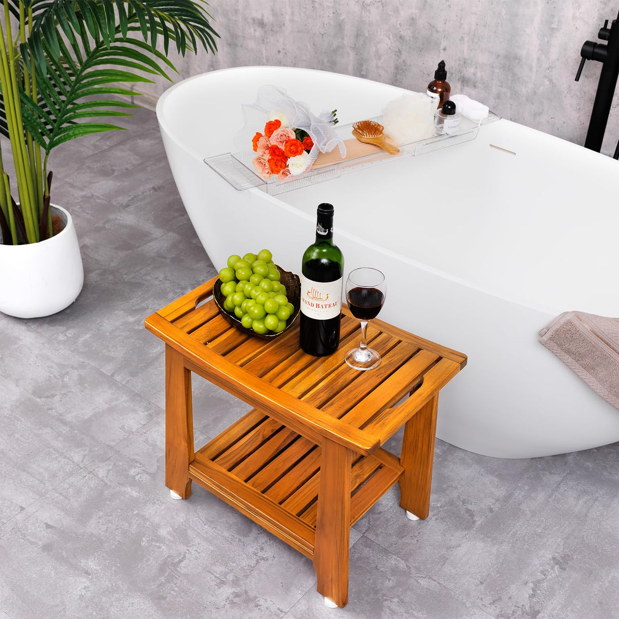 NNN 14" Compact Teak Shower Stool with Shelf & Handle - Waterproof, Non-Slip Bath Bench for Small Bathrooms/Outdoor Use, 300 lbs Capacity (Patented)
