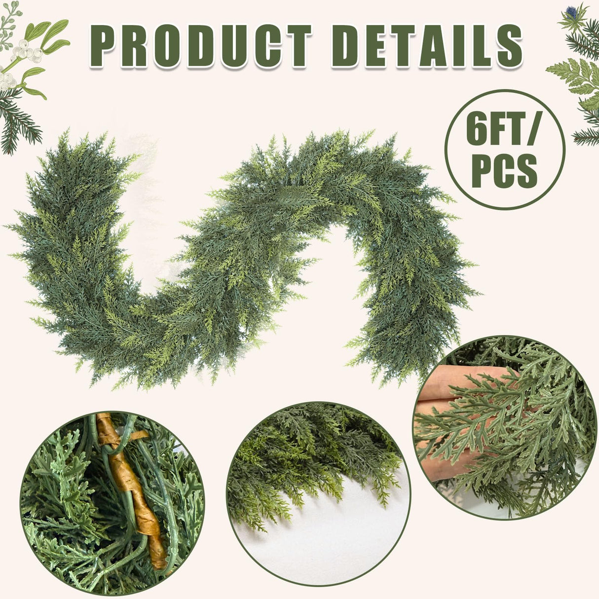 6 Ft Christmas Cedar Garland, Realistic Faux Pine Garlands, Green Artificial Greenery Garland for Winter Home, Mantle, Fireplace, Indoor, Outdoor Christmas Decorations (1Pcs)