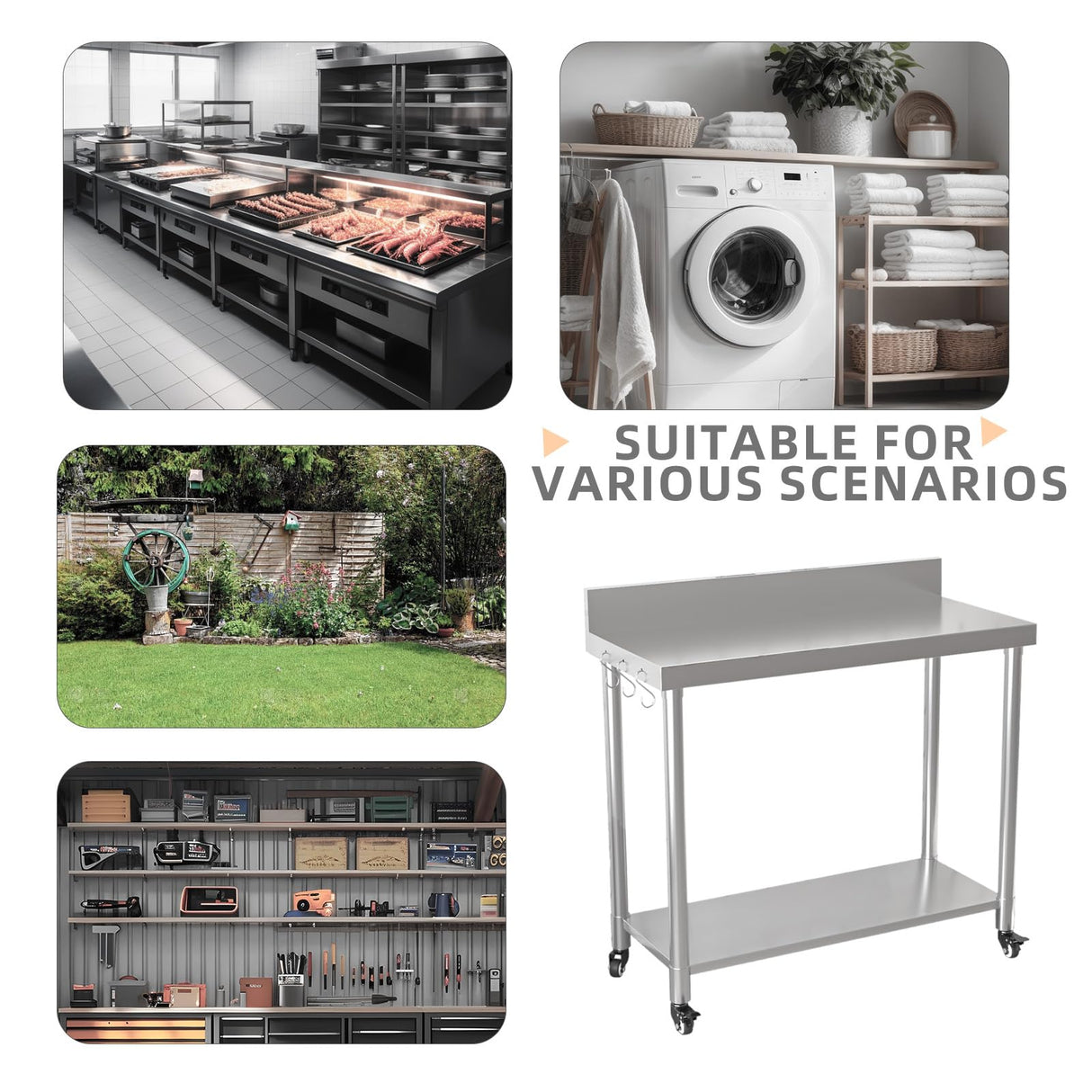 JFHID 48"x18" Stainless Steel Table with Wheels, Backsplash and Knife Blocks, Prep Tables for Commercial Kitchen Steel Countertop Work Table Workbench for Home Restaurant Garage