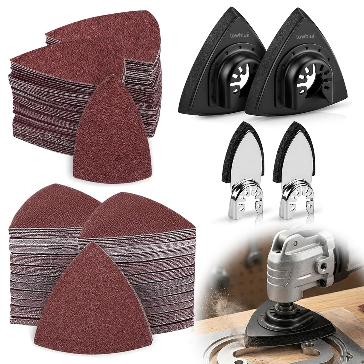 Towbluii Multitool Sanding Pads for Detail Wood Finishing, Multi-Grit Assorted Sandpaper with Triangle & Finger Attachments, Durable Hook and Loop Sanding Sheets for Furniture & Edge Work(105p