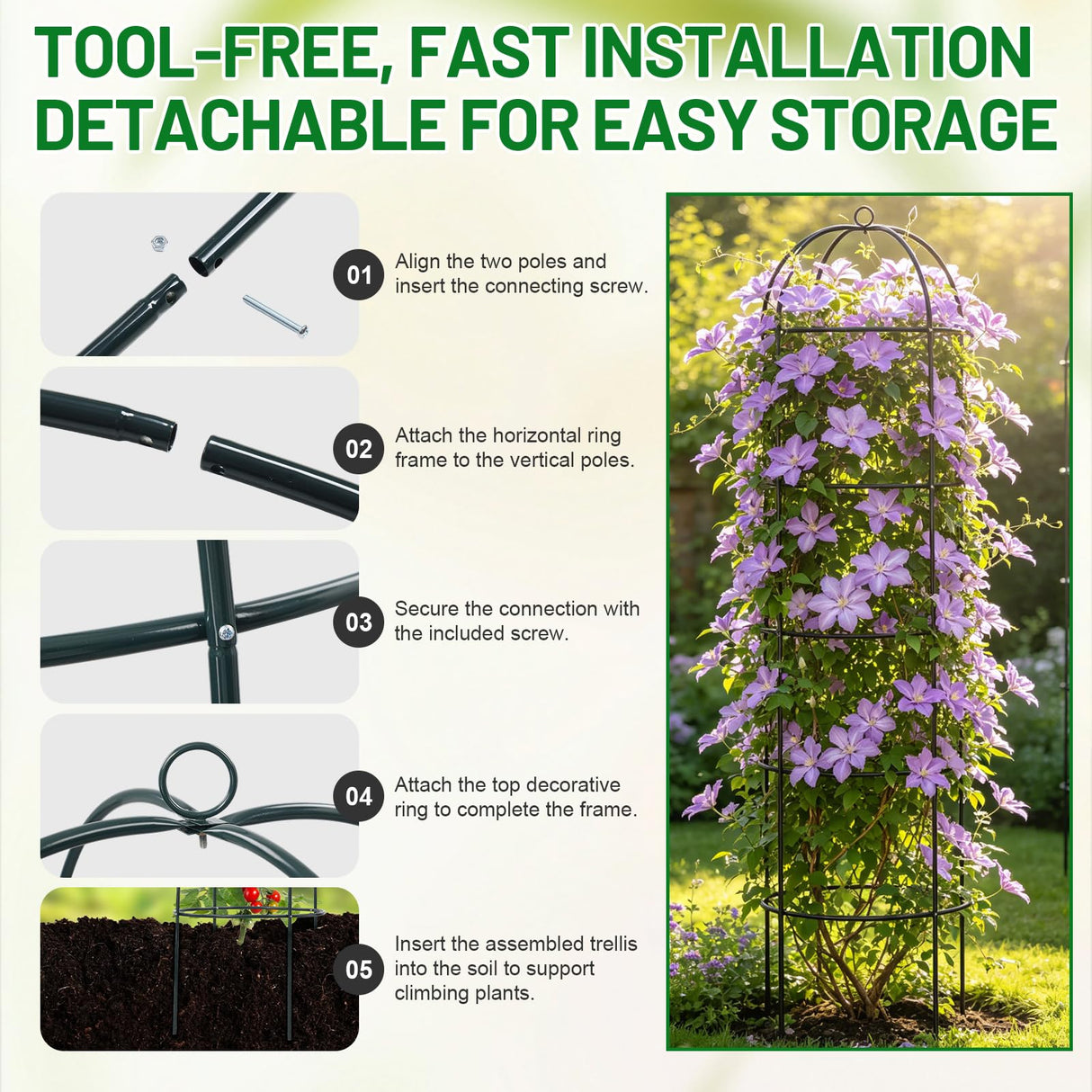 Trellis for Climbing Plants Outdoor, 60" Tall, 21" Dia, Heavy Duty Metal Garden Trellis Tower Potted Cages for Flowers Fruits Vegetable Cucumber Tomato Rose Clematis Pea Bean Raised Bed Trellises