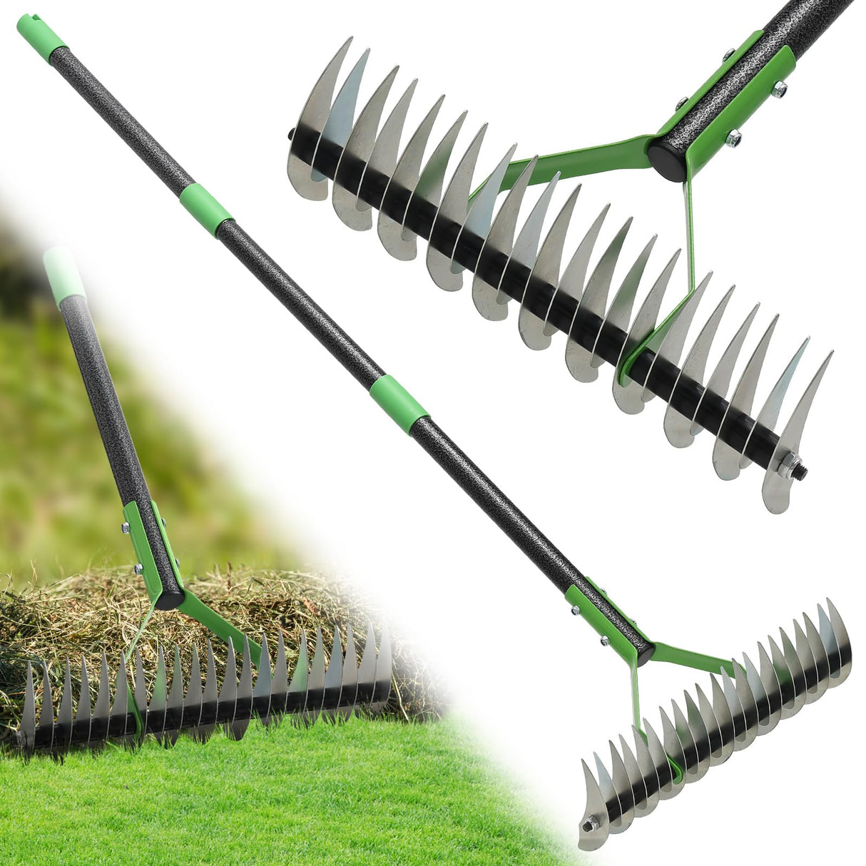 Thatch Rake, 51" Lawn Thatching Rake for Cleaning Dead Grass, 13 Inch Wide Heavy Duty 21 Teeth Steel Metal Rakes, Landscaping Raking Garden Tools for Lawn Care Loosening Leveling Soil Mulch