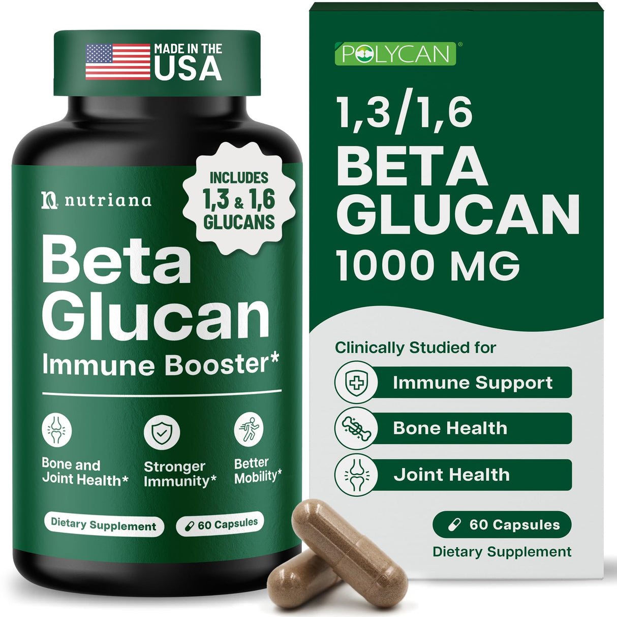 Beta Glucan Supplements 1000mg – 1,3/1,6D Beta Glucan Capsules for Immune Support – Natural Beta Glucans Fiber Supplement – 60 Veggie Capsules (60 Count, Unflavored)