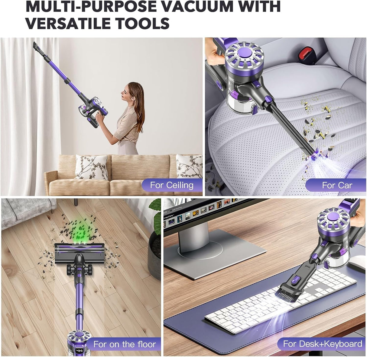 ATTELL Cordless Vacuum Cleaner,28Kpa Strong Suction,Wall Mounted Charging,Removable Battery,Green Light to Show Dust,Low Noise Handheld Vacuum Cleaner,Suitable for Carpets,Pet Hair, Hard Floors