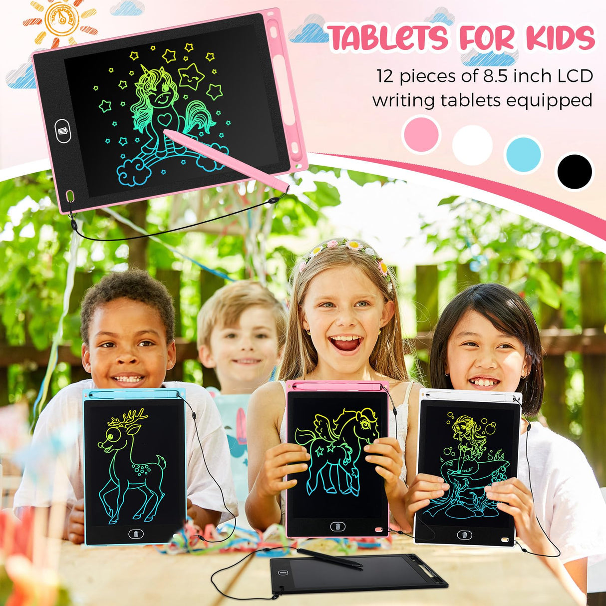 Tinlade 12 Pack LCD Writing Tablets for Kids, 8.5 Inch Erasable Doodle Boards Portable Electronic Drawing Pads, Learning Bulk Toys Gifts for Christmas School(Pink, Light Blue, White, Black)