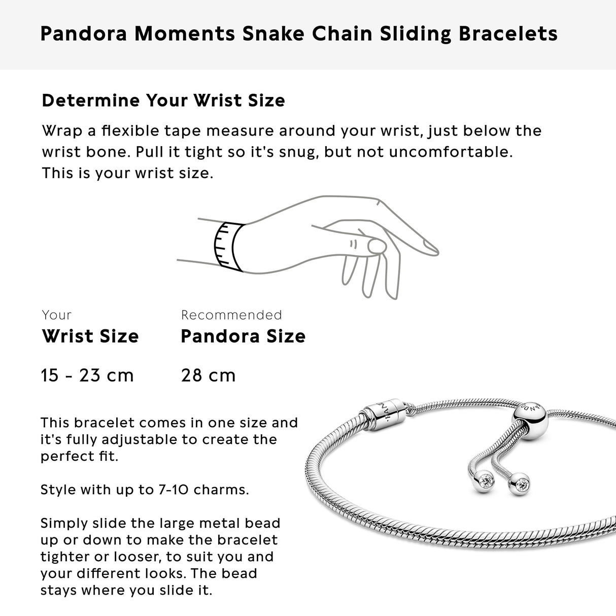PANDORA Moments Snake Chain Slider Bracelet - Charm Bracelet for Women - Sterling Silver with Clear Cubic Zirconia - 11"