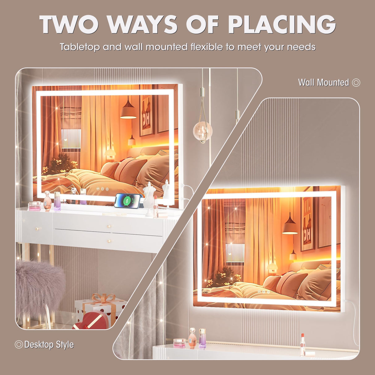 Hasipu Vanity Mirror with Lights, 32" x 20" LED Makeup Mirror, Lighted Makeup Mirror with Dimmable 3 Modes, Touch Screen Control Vanity Mirror Square White