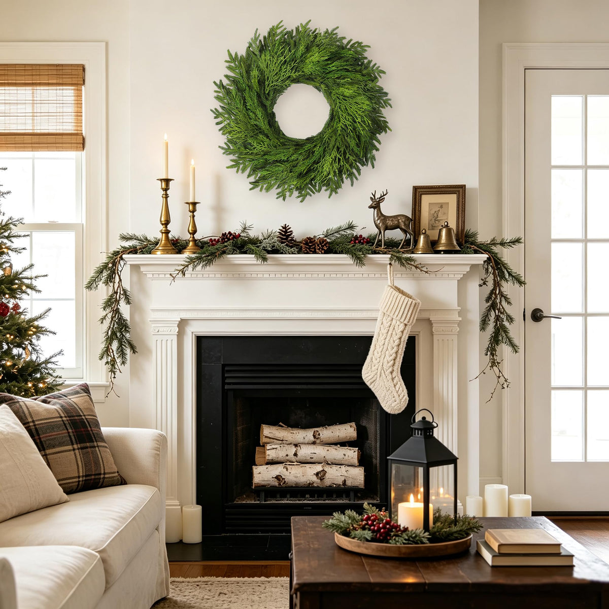 26" Large Cedar Norfolk Pine Wreath for Front Door, Faux Christmas Wreath