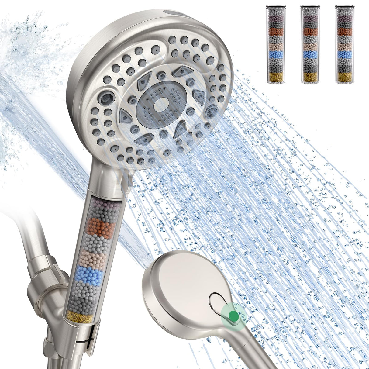 SunCleanse Filtered Shower Head with Handheld,9-Spray Setting Detachable Shower Head with 4 Filters for Hard Water - Filter Chlorine, Improve Skin and Hair Texture (4 Filters, Brushed Nickel)