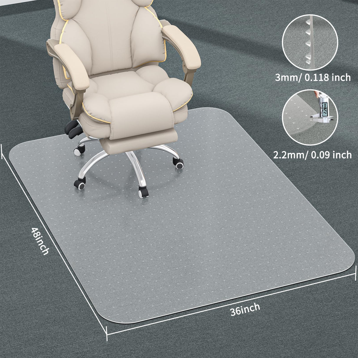 MESHDO Office Chair Mat for Carpet, 36" X 48" X 0.09" Desk Chair Mat for Carpet Floors, Clear and Thick Rolling Computer Chair Mats with Non-Slip Studded for Home and Office Low Pile Carpets