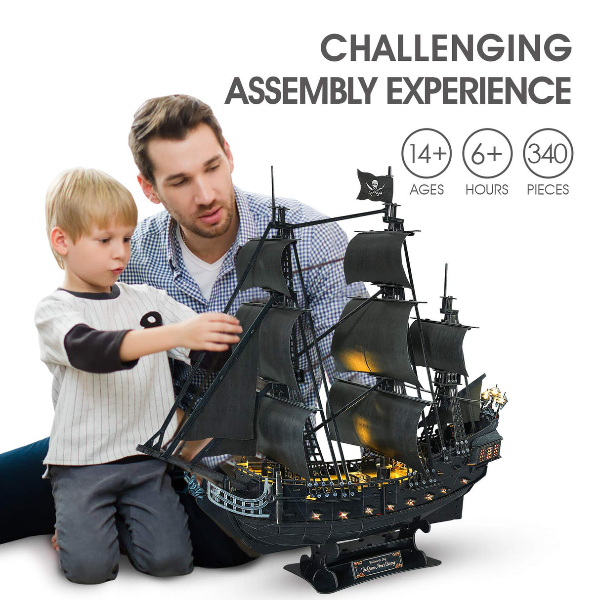 CubicFun 3D Puzzles for Adults - Led Pirate Ship Queen Anne's Revenge - Large 27'' Sailboat Puzzles - Desk Decor, Anniversary, Christmas Teacher Appreciation Gifts Adult Stocking Stuffers