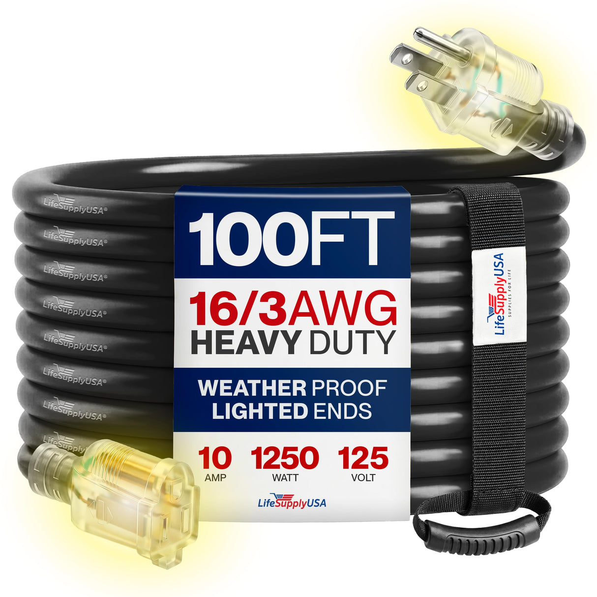 100ft Outdoor/Indoor Extension Cord 16/3 Gauge Heavy Duty 3 Prong SJTW, Waterproof, Flexible Cold-Resistant Long Power Cord,10A 125V 1250W, Yellow by LifeSupplyUSA