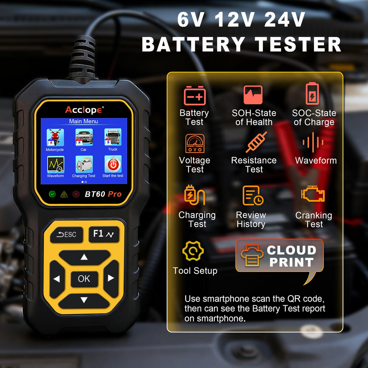 Acclope BT60 Pro Car Battery Tester, Digital Analyzer with Cloud Printing, 100-3000 CCA Range for 6V/12V/24V AGM, Lithium, Gel Batteries, Automotive Charging System