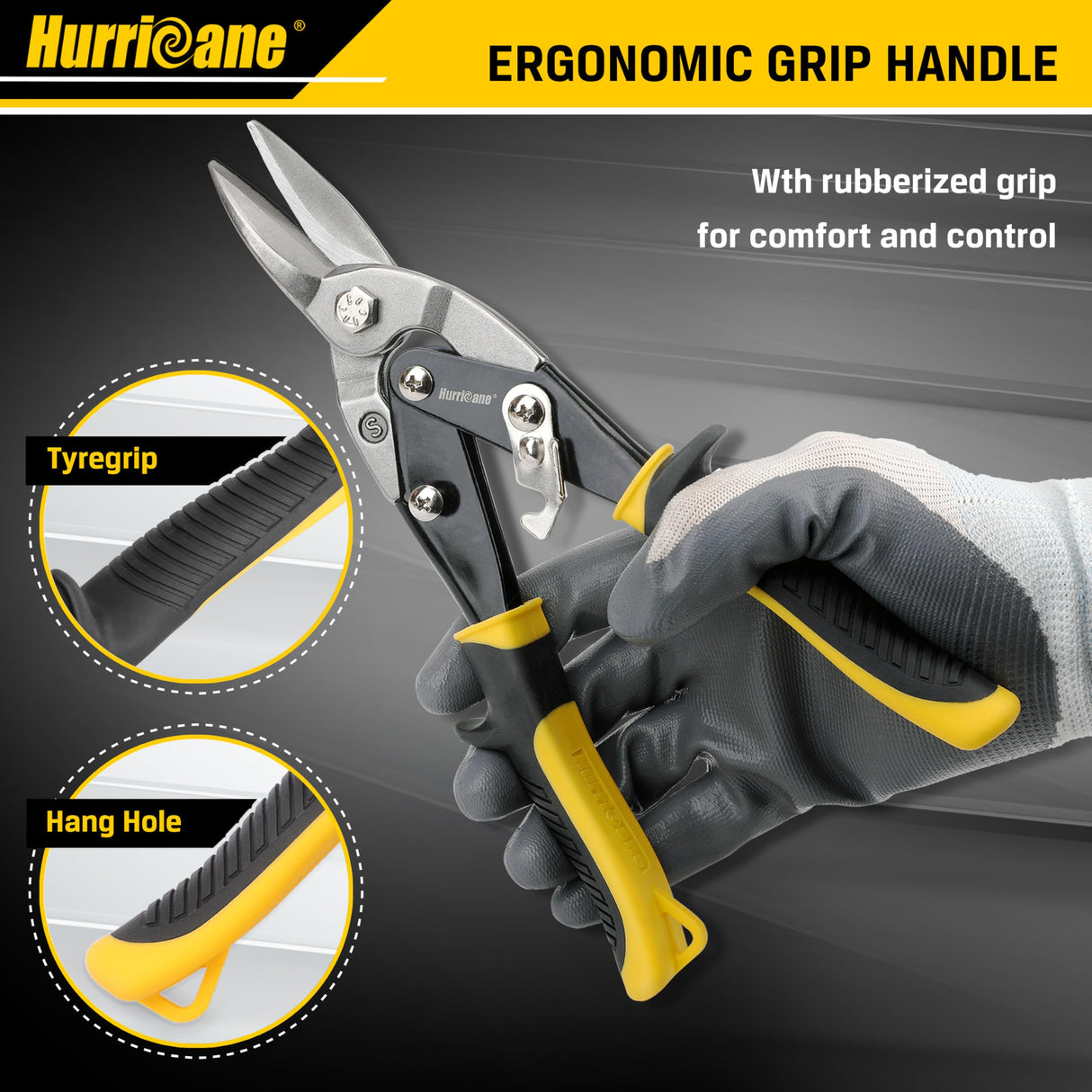 HURRICANE 3 pc Aviation Tin Snips Set, 10 Inch Metal Shears for Straight, Left & Right Curves, Cr-V Steel Blades, Non-Slip TyreGrip Handle, Safety Latch, for Sheet Metal, Gutter, HVAC, DIY