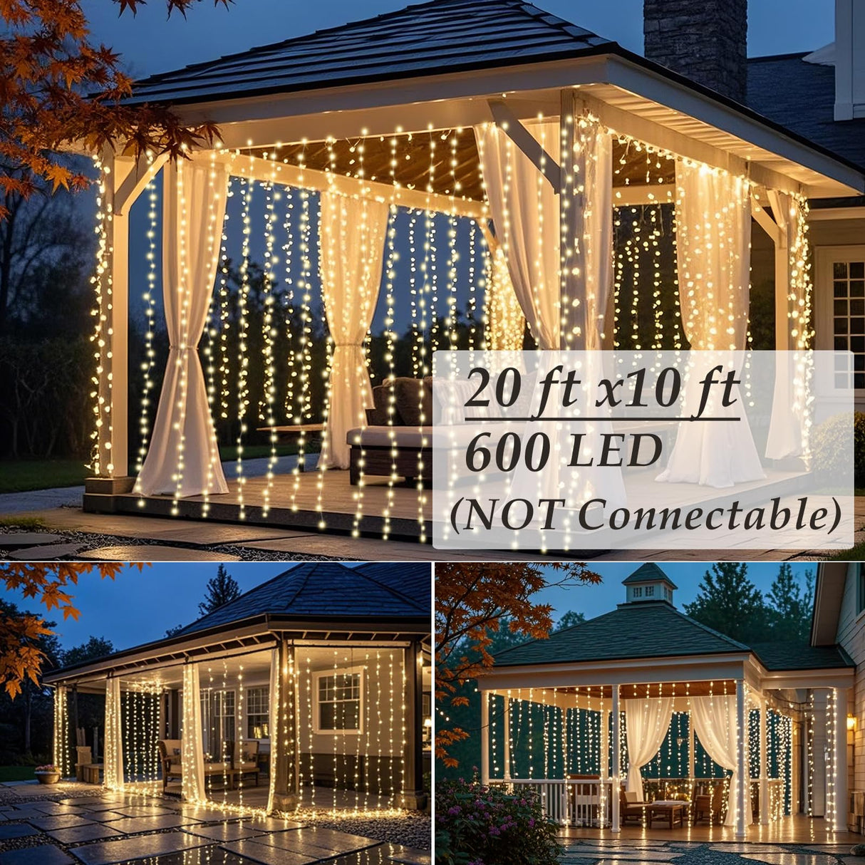 Solhice LED Curtain Lights Outdoor 20ft x10ft, 600 LED Plug in Hanging Christmas String Lights Indoor Bedroom, Twinkle Light Backdrop for Outside Wedding Decor, Warm White (Not Connectable)