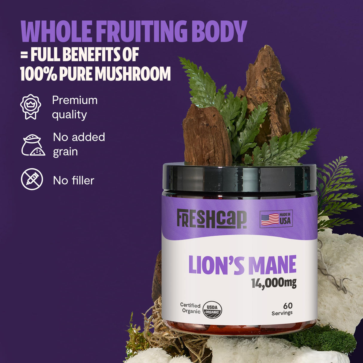 FreshCap Mushrooms Lions Mane Supplement Powder 14,000mg - Lions Mane Extract, Mushroom Supplement for Focus & Memory, Organic Lions Mane Powder (60 Servings)