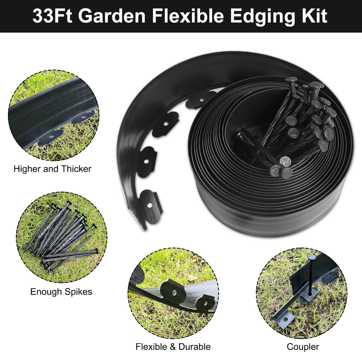 RLINGX Landscape Edging No Dig 4 inch Tall 33FT Garden Edging with 30 Spikes, Landscape Edging Border for Landscaping, Lawn, Flower Beds, Grass and Yard (4inch 33ft)